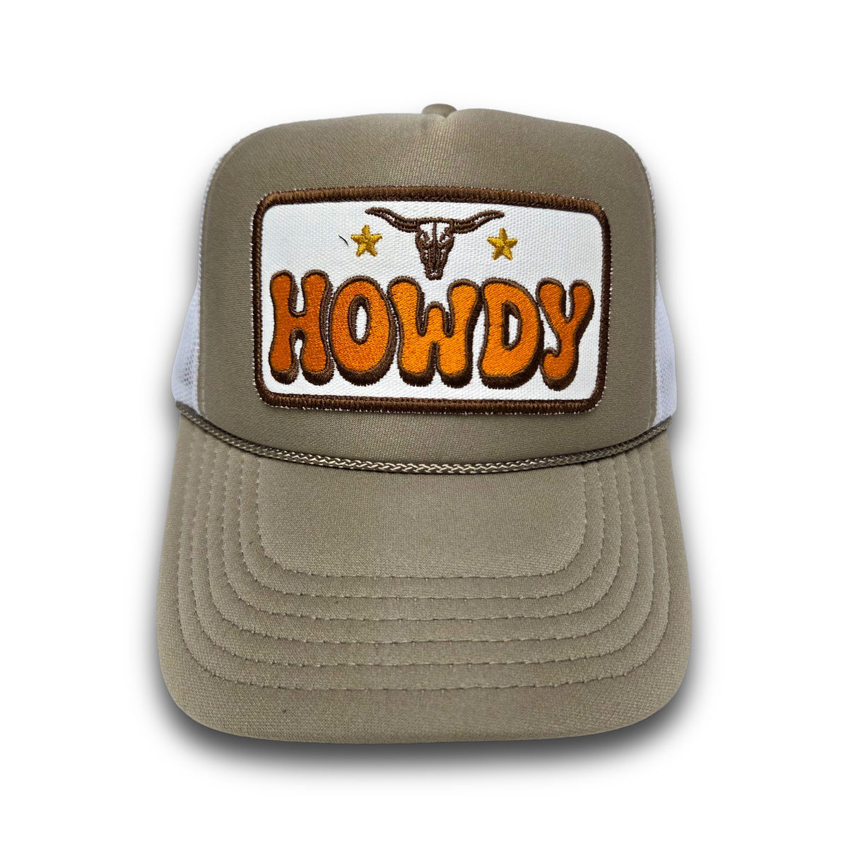 HOWDY patch on Dark Khaki / White foam trucker hat