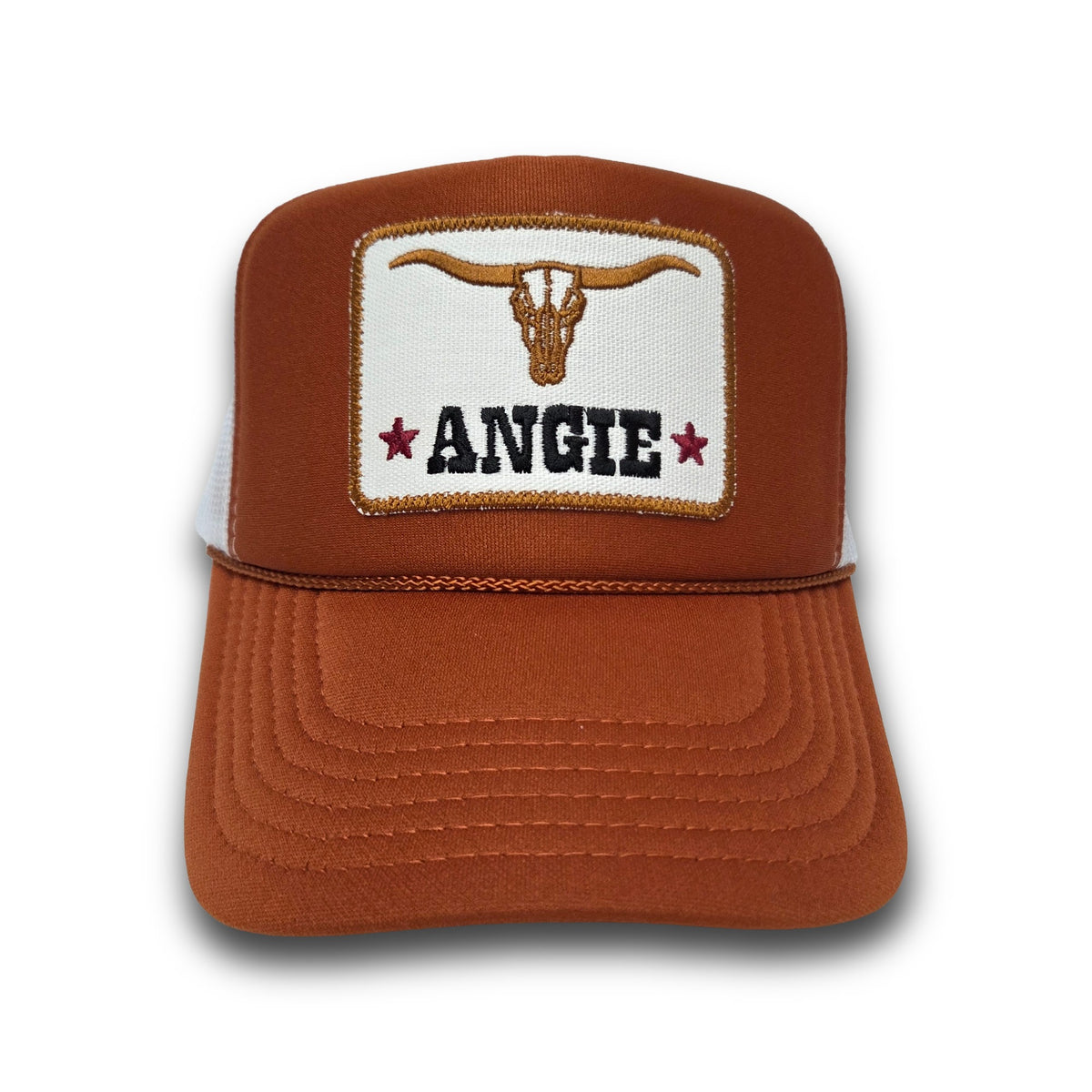 Western Longhorn name patch (ANGIE) on Texas Orange / White foam trucker hat