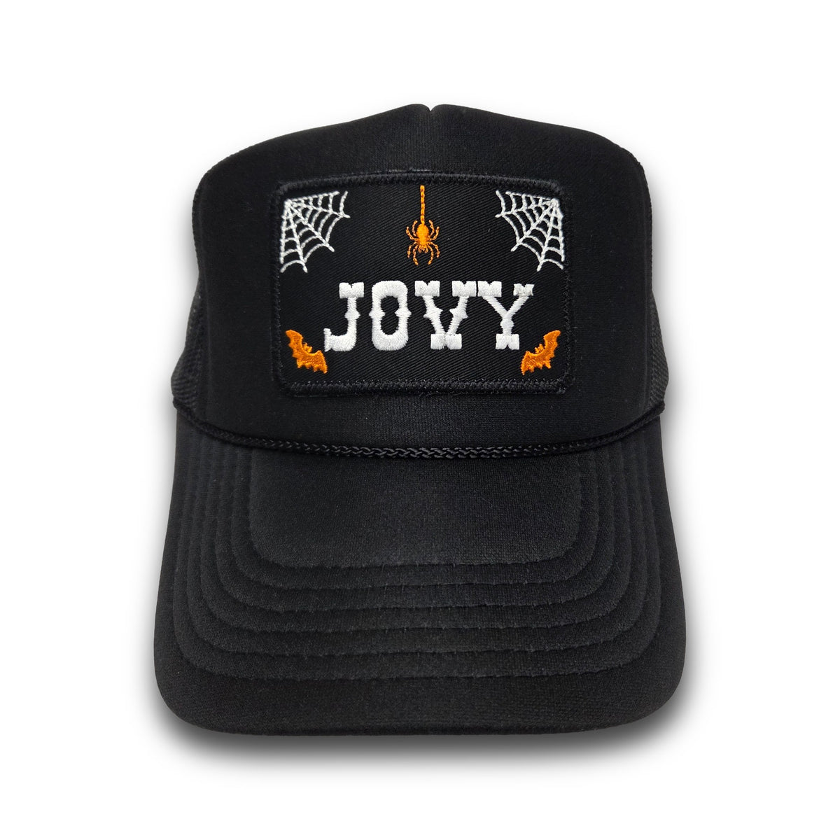 Spooky Web & Bats name patch (JOVY) on Black foam trucker hat