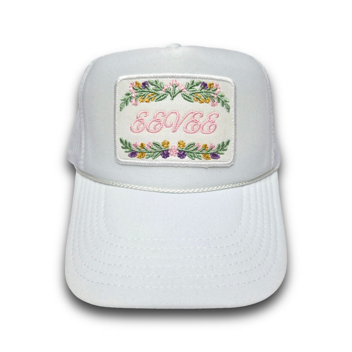 Floral Wildflower name patch (EEVEE) on White foam trucker hat